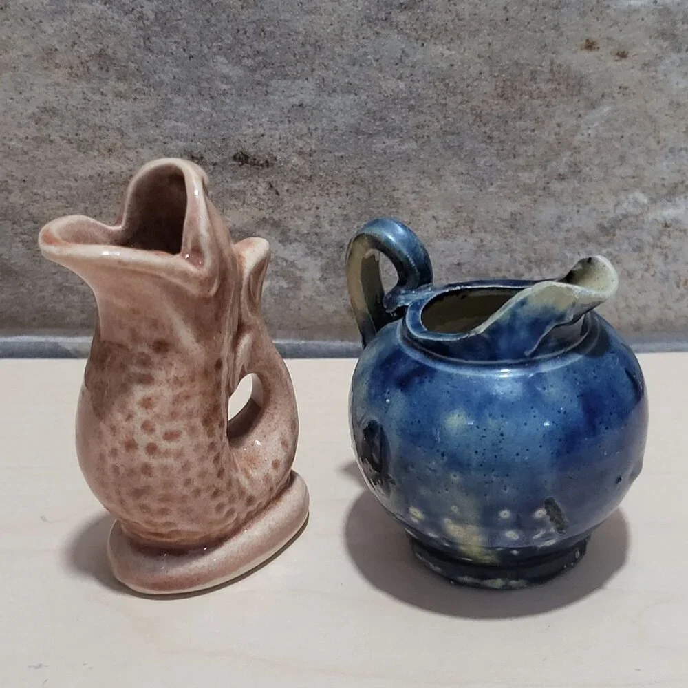 Vintage Miniature Fish Shaped Blue Round Ceramic Pitcher Jugs Set of 2